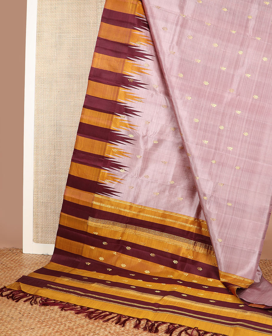Onion pink floral zari buttas Kanchipuram silksaree, contrast one-sided thazampoo rekku zari border & zari design pallu