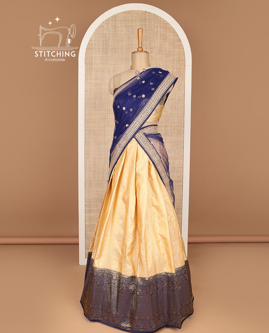 Lifgt yellow striped banaras half saree with contrast zari design border ,leaf vine zari design blouse & floral zari design dhavani