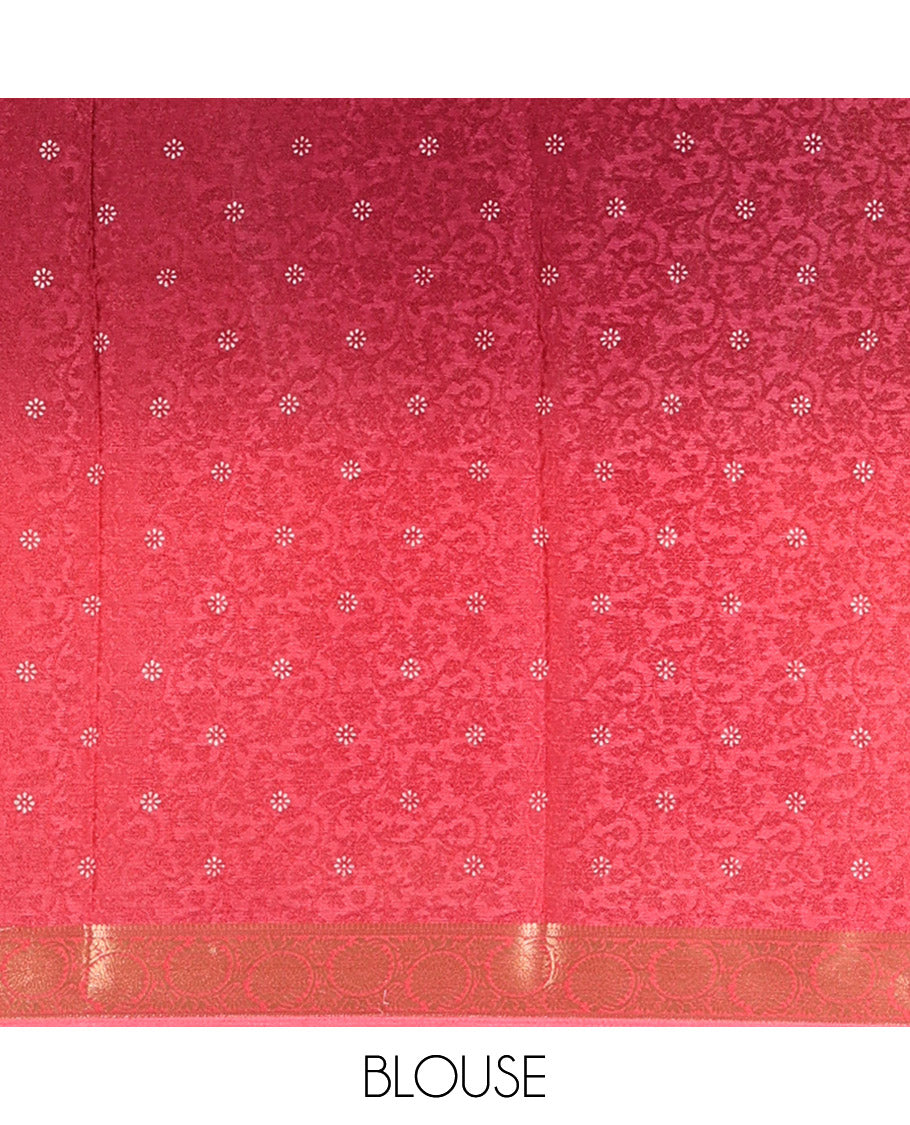 Pink and Wine Candy Chiffon Saree, Decorated with Floral Vine Embossed, Buttas, and Ombre-Style Dyed on Its Body, Highlighted by Floral Creeper Zari Border, Intricately Designed Pallu, and Paired with a Contrast Blouse