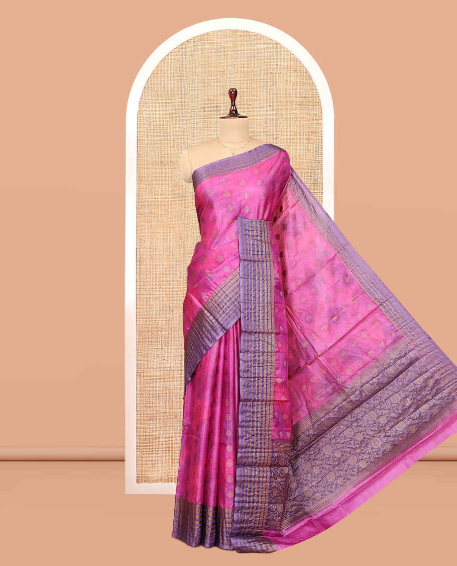 Pink-PurpleTussar Silk Saree, Subtly Sparkled with Zari Buttas, Highlighted by a Zari Border, Floral Design Pallu, and a Matching Blouse