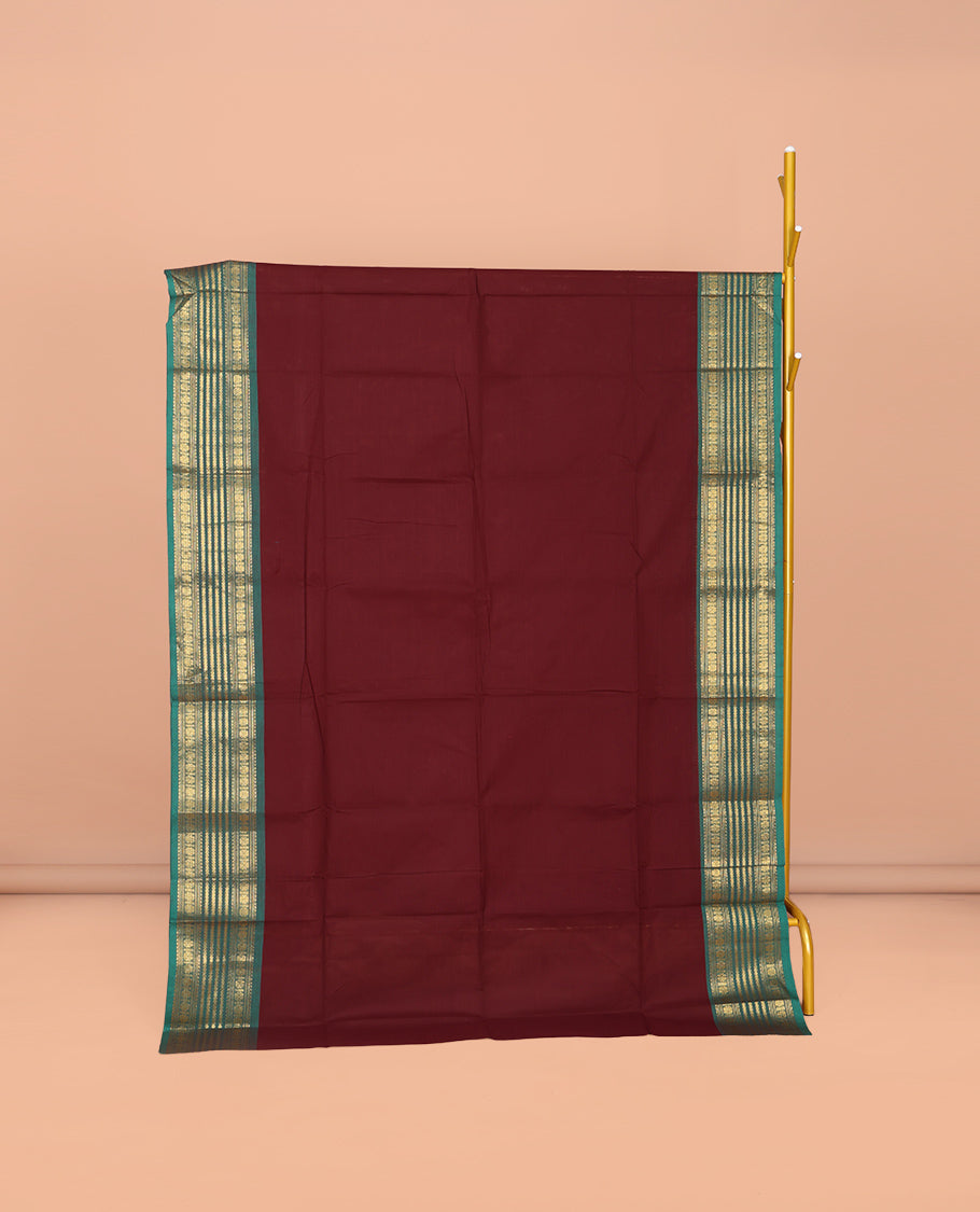 Maroon Plain Chettinad Cotton Saree, Complemented by Contrast Traditional Zari Design Border, Striped Pallu, and Paired with Matching Blouse