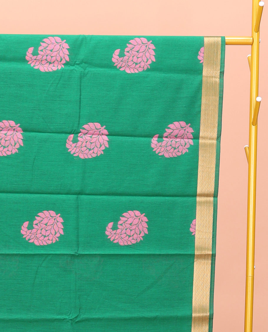 Green Semi-Silk Cotton Saree, Detailed with Paisley Zari Buttas All Over Its Body, Highlighted by a Zari Border, Pallu of Floral and Paisley Design, and Paired with a Matching Blouse