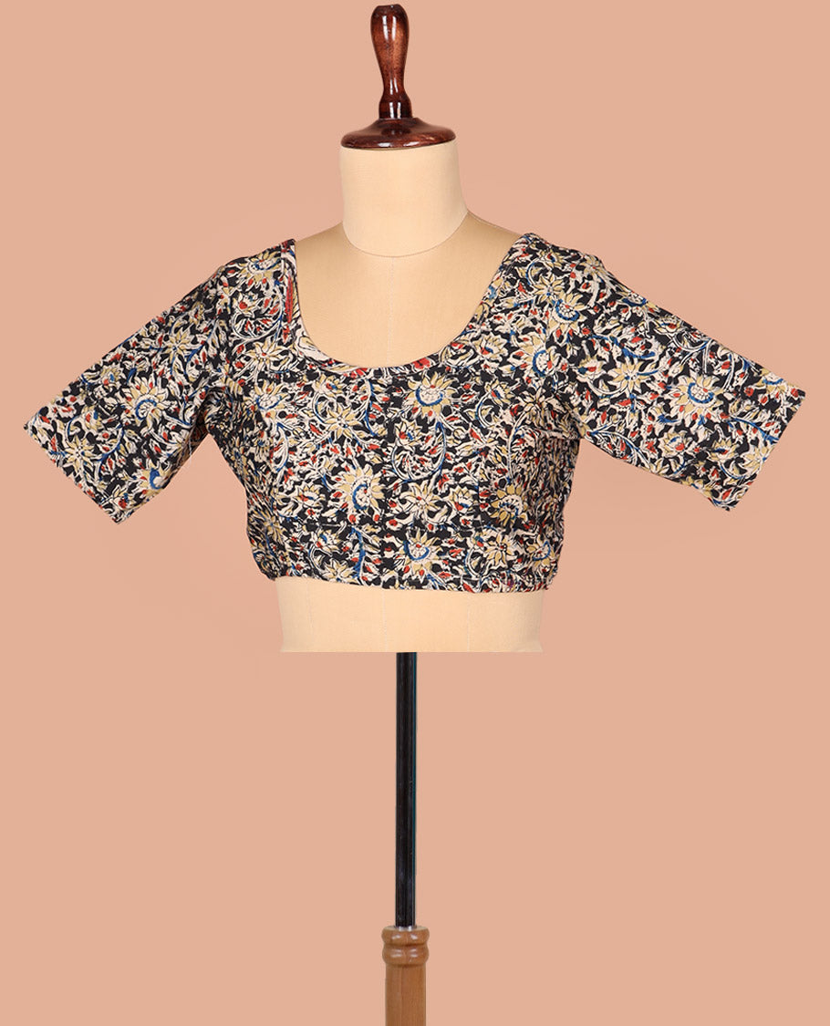 Black Readymade Blouse Decorated with Floral Print, Featuring Front Round-Neck, Back Round Neck, and Puff Sleeves