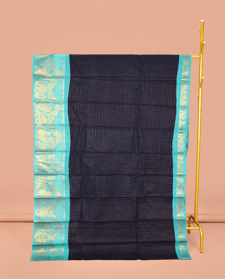 Navy Blue Sungudi Cotton Saree, Beautifully Bedecked with Zari Checks on Its Body, Complemented by a Contrast Traditional Zari Border of Peacocks, Zari-Striped Pallu, and Paired with a Contrast Blouse