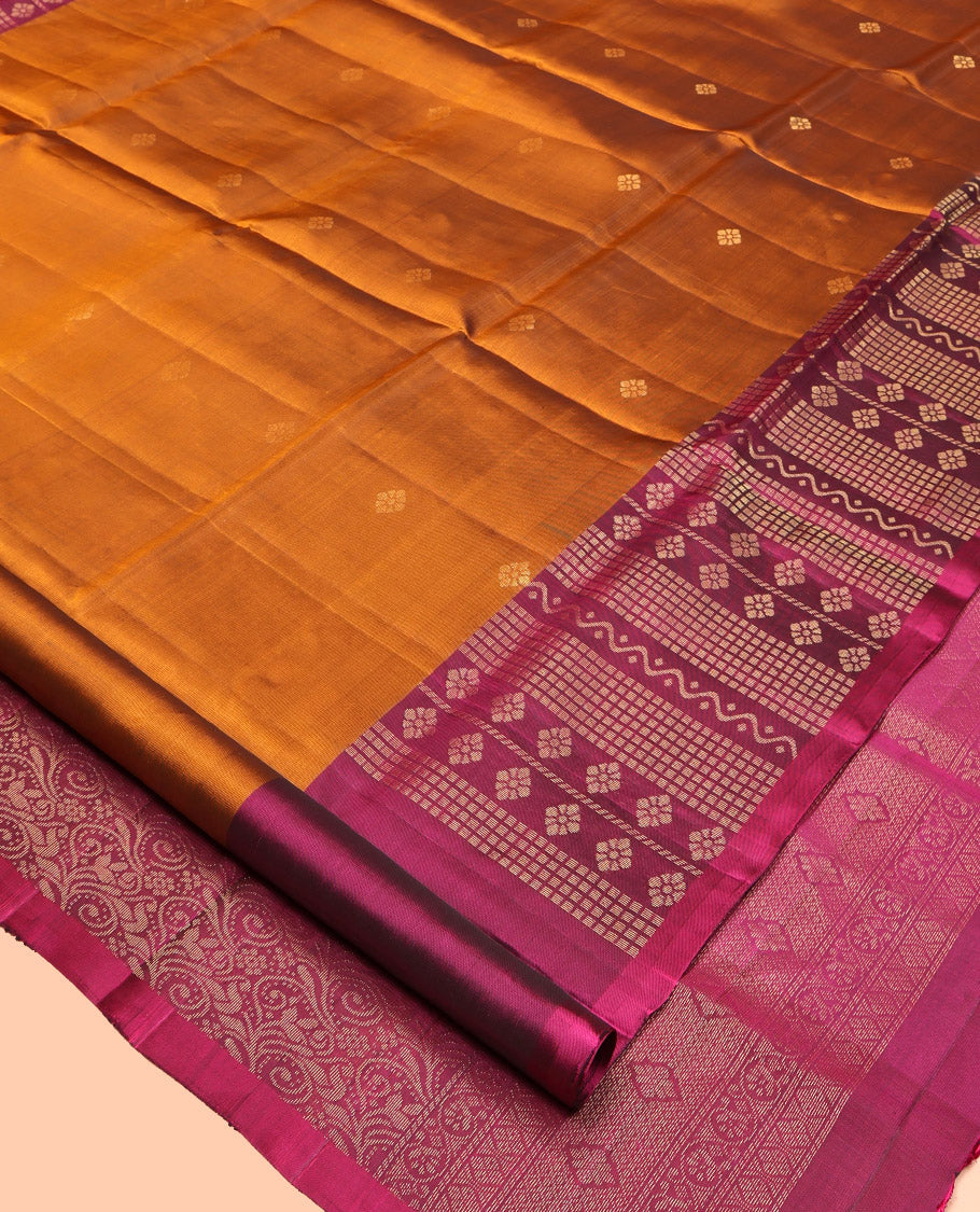 Orange Mayuri Lite Silk Mix Saree, Subtly Sparkled with Zari Buttas, Contrast Floral-Geometric Border, Pallu of Intricate Designs, and a Contrast Blouse