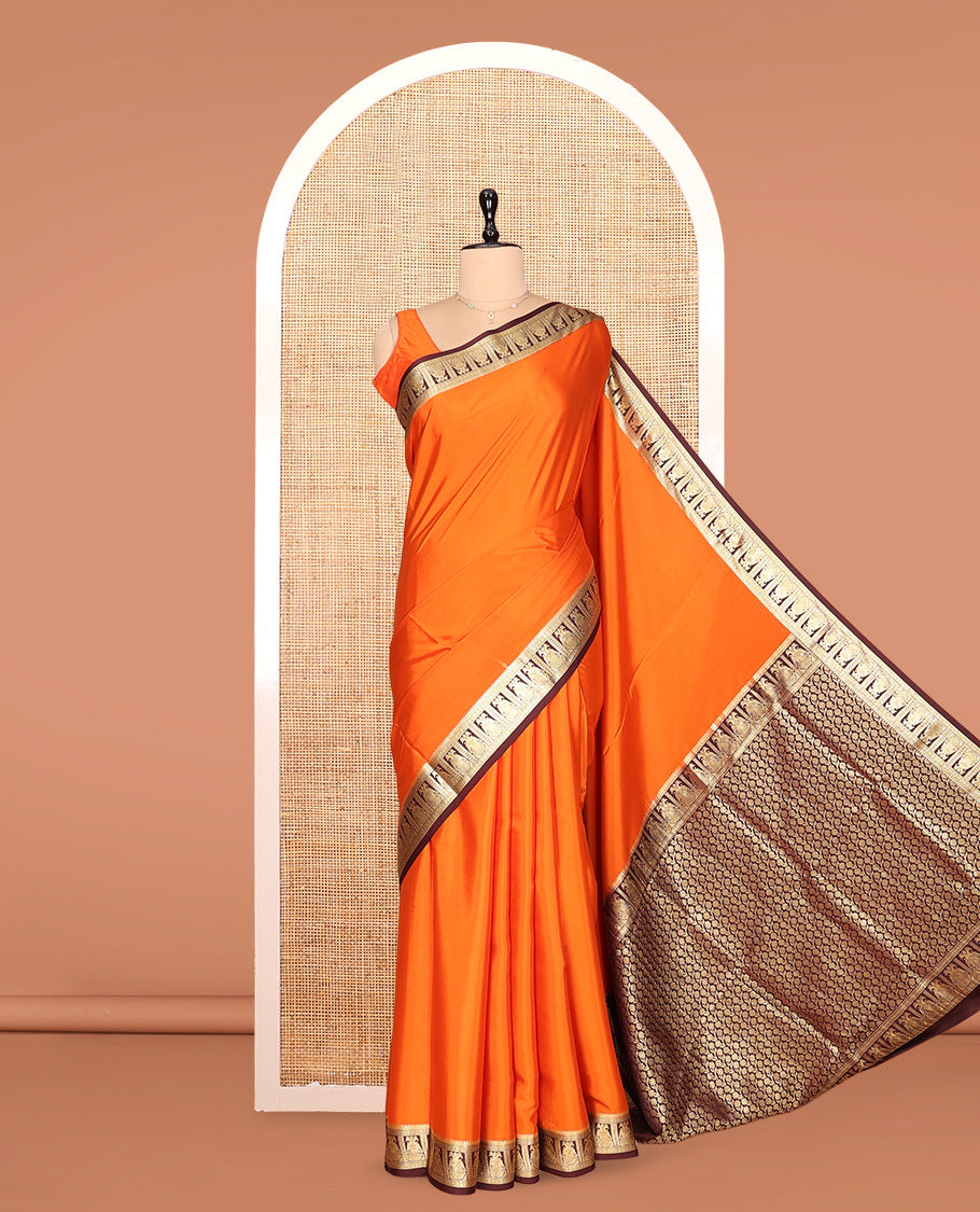 Orange Plain Mysore Silk Saree, Complemented by a Contrast Two-Headed Eagle Zari Border, Zari Design Pallu, and a Contrast Blouse