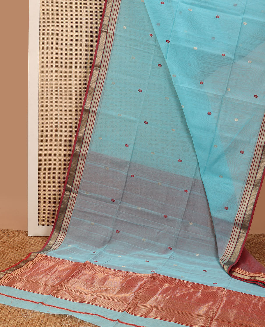 Light blue floral motifs maheshwari cotton saree with contrast zari border & striped pallu