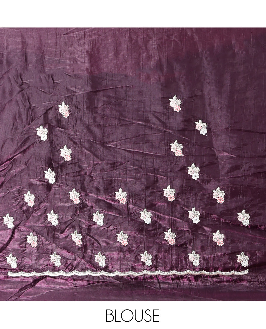Purple Designer Saree, Styled with Paisley Vine Embroidered All Over Its Body, a Scallop Embroidered Border, and Matching Blouse