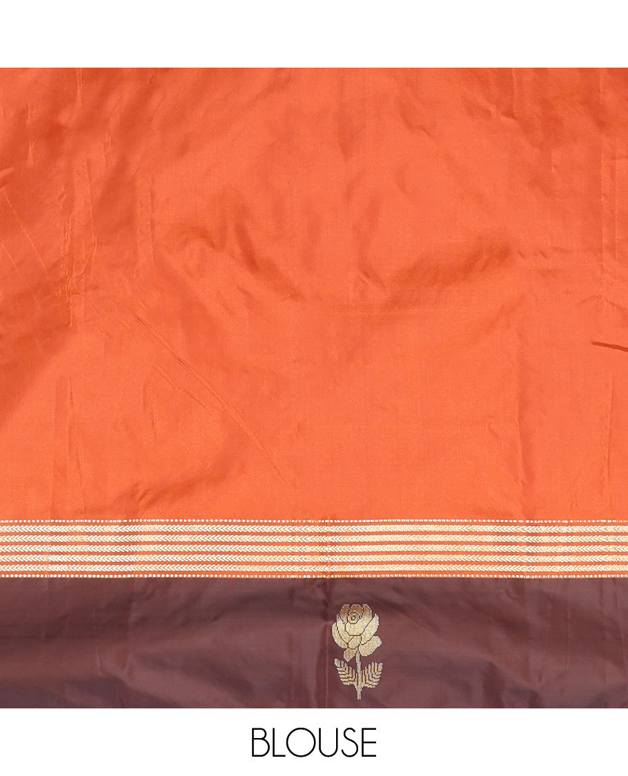 Rust Aarani Silk Saree, Adorned with Zari Buttas All Over Its Body, Complemented by a Contrast Zari Border of Floral Motifs, Pallu of Stripes and Buttas, and Paired with a Matching Blouse