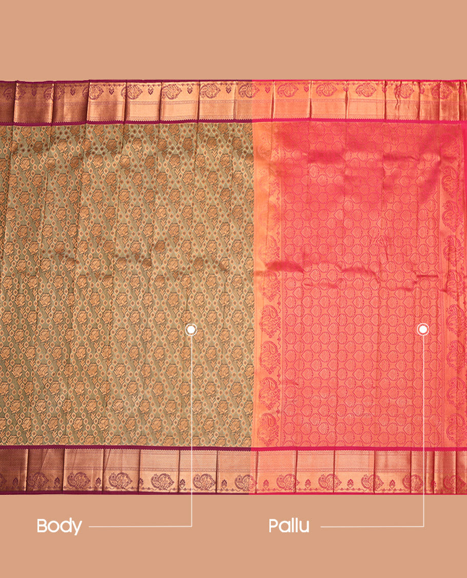 Green Budget Silk Saree, Decorated with Jacquard Design, Complemented by Contrast Traditional Zari Border, Grand Pallu and a Contrast Blouse