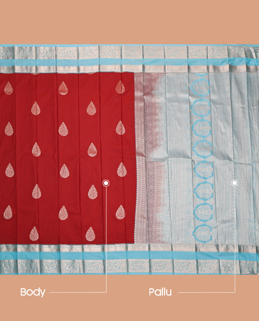 Rust Budget Silk Saree, Elevated with Zari Buttas, Complemented by a Contrast Traditional Zari Rettai Pettu Border, Grand Pallu, and a Contrast Blouse