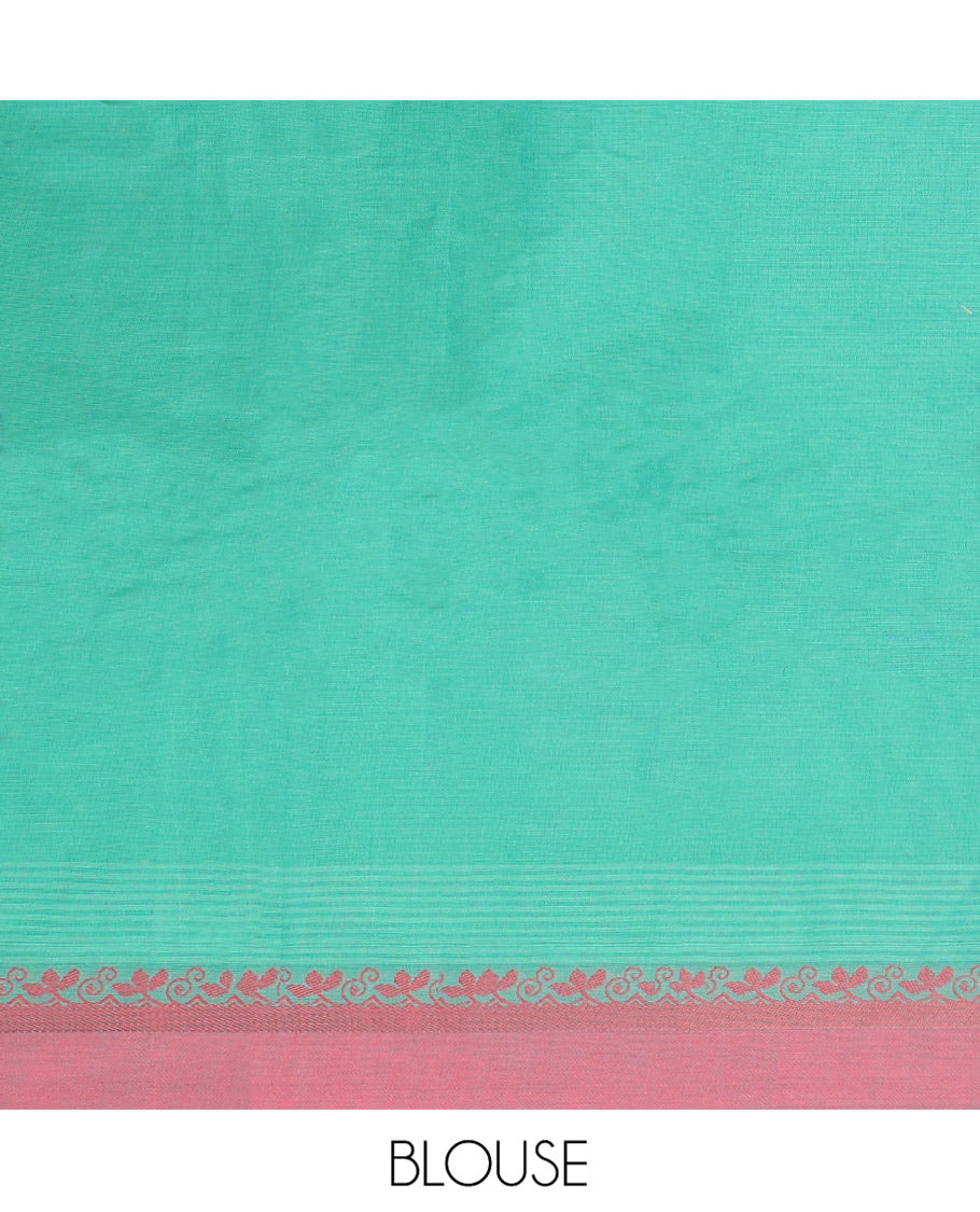 Green Kanchi Cotton Saree, Finely Crafted with Buttas All Over Its Body, Complemented by Contrast Border, Pallu of Floral Designs, and Paired with a Matching Blouse