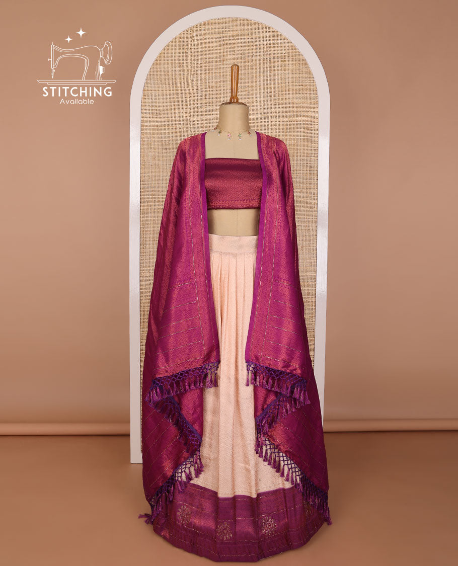 Baby pink banaras half saree with contrast floral buttas border, plain blouse & striped dhavani