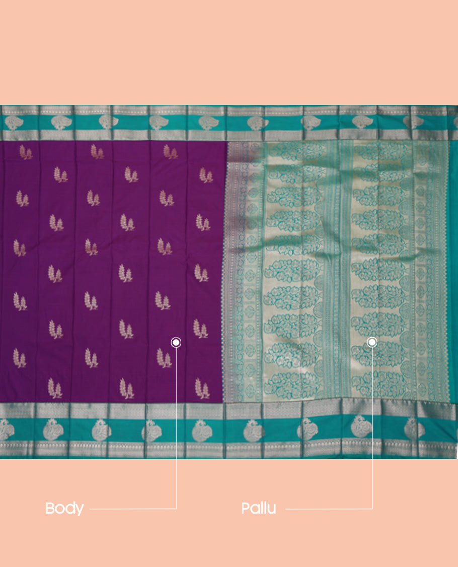 Purple Budget Silk Saree, Decked Up with Zari Buttas, Complemented by a Contrast Traditional Zari Border, Grand Pallu, and a Contrast Blouse