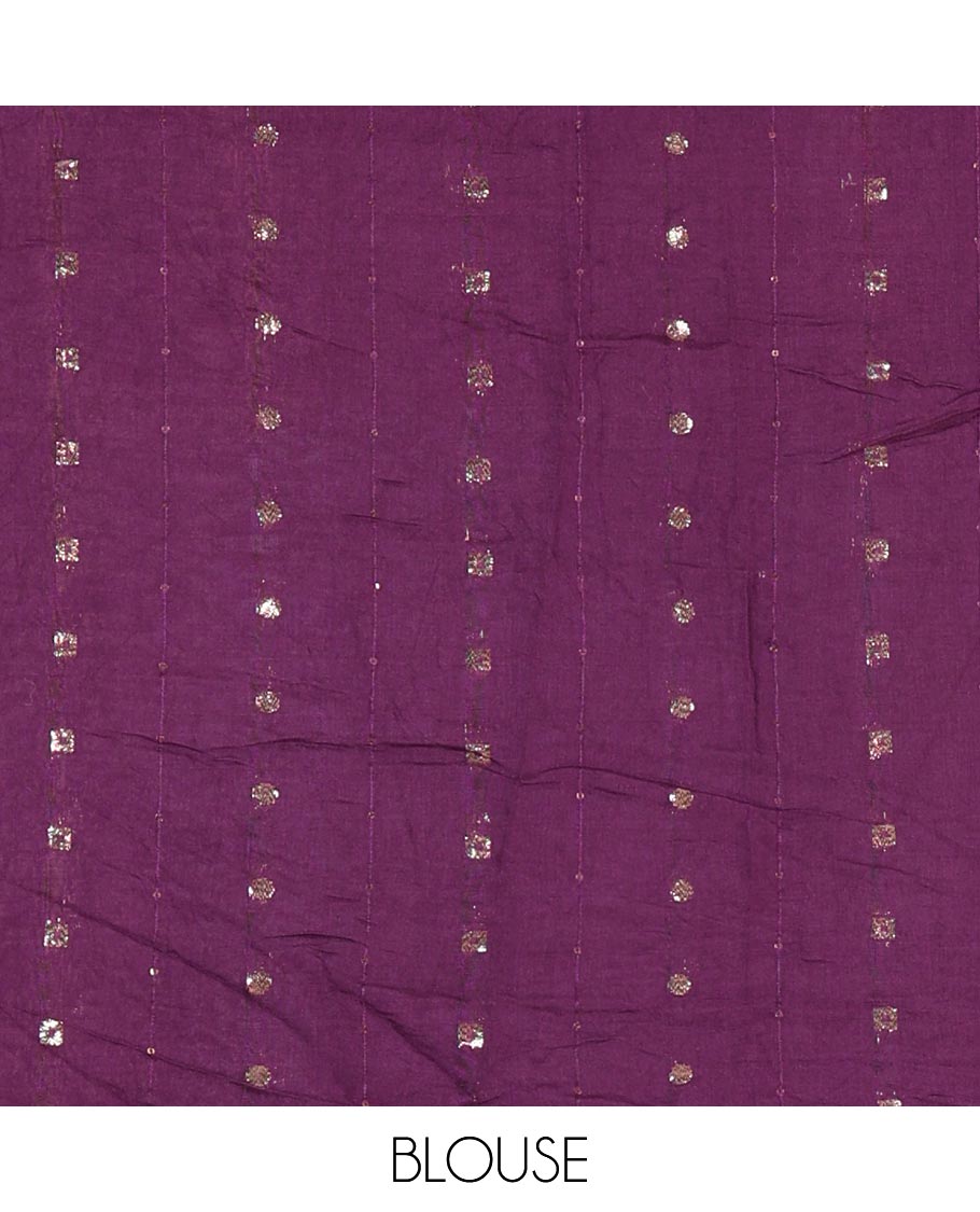 Purple horizontal striped fendy chiffon saree, piping border, striped palu, and blouse of sequins and zari buttas