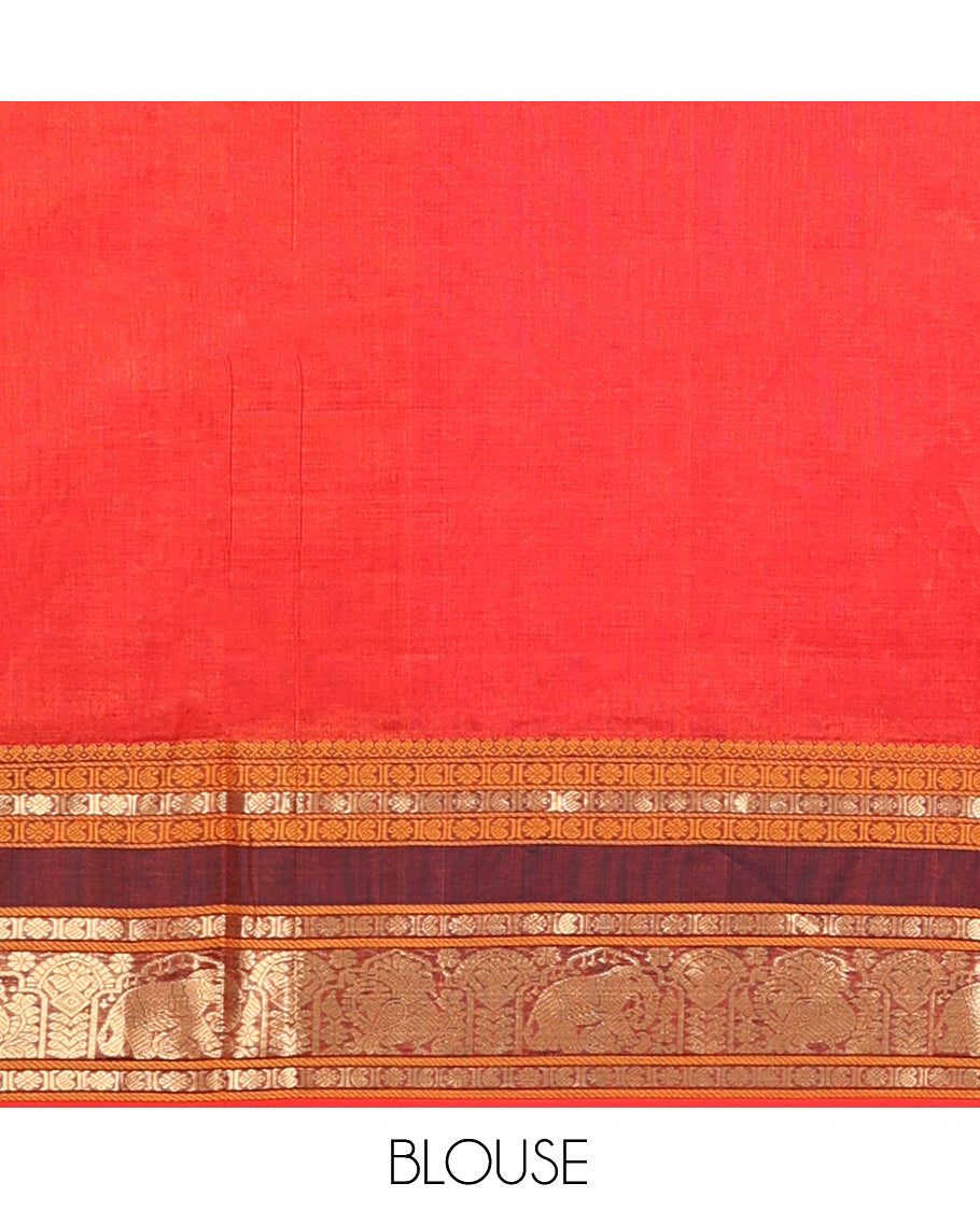 Red Buttas Enclosed Checked Kuppadam Silk Saree, Contrast Peacock-Elephant Border, Grand Pallu, Matching Blouse