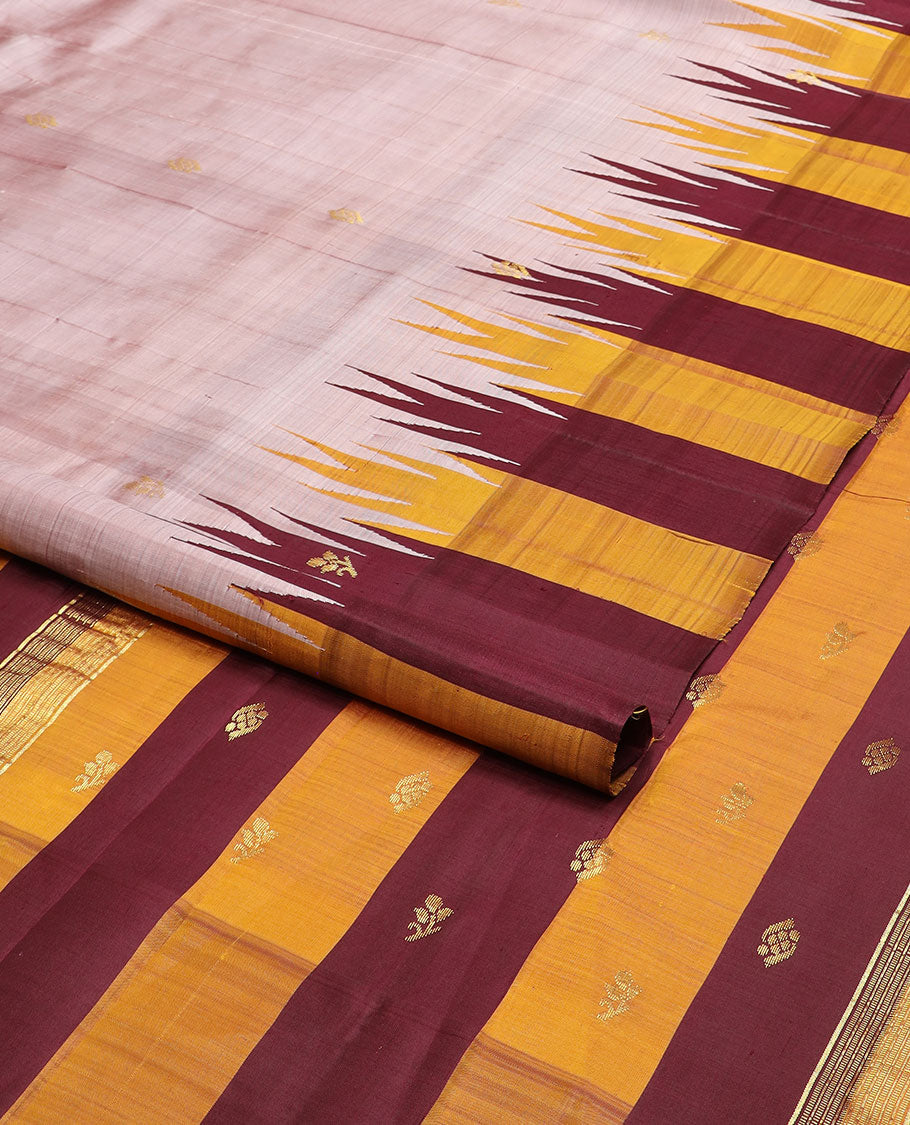 Onion pink floral zari buttas Kanchipuram silksaree, contrast one-sided thazampoo rekku zari border & zari design pallu