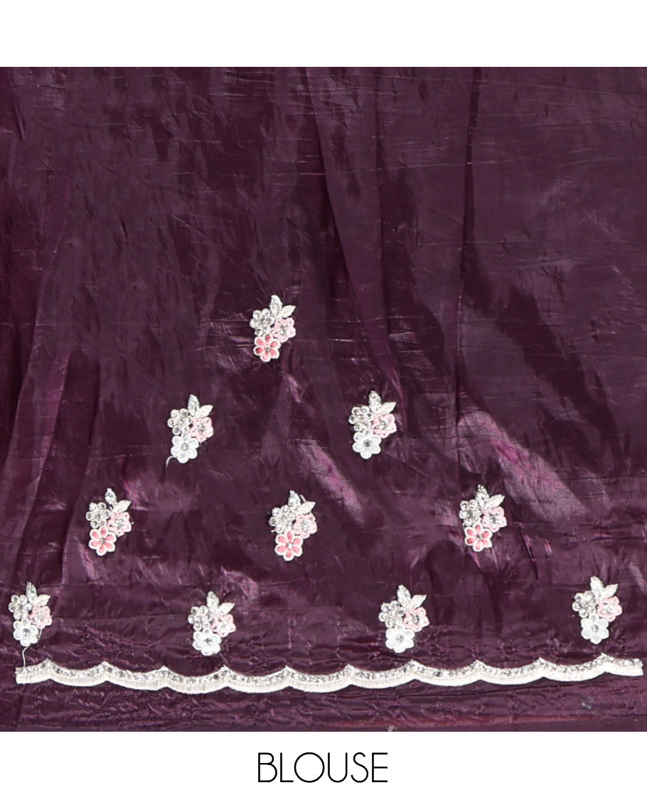 Purple Designer Saree, Styled with Paisley Vine Embroidered All Over Its Body, a Scallop Embroidered Border, and Matching Blouse