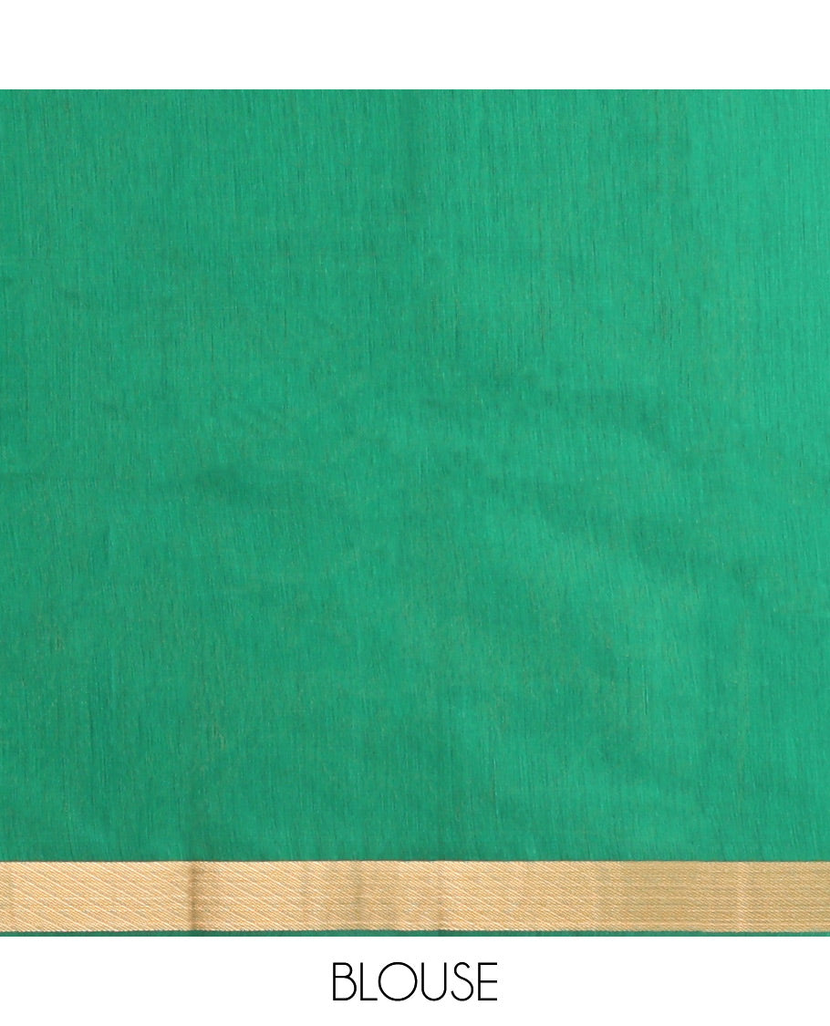 Green Semi-Silk Cotton Saree, Detailed with Paisley Zari Buttas All Over Its Body, Highlighted by a Zari Border, Pallu of Floral and Paisley Design, and Paired with a Matching Blouse