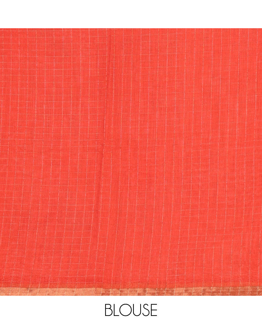 White with orange zari checks linen saree with contrast border and unique designs of pallu along with contrast plain blouse