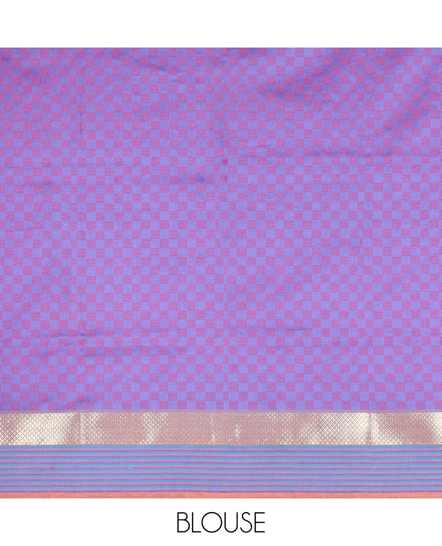 Peach Checked Poly Cotton Saree, Complemented by a Contrast Zari Border, Contrast Striped Pallu, and Paired with a Contrast Blouse