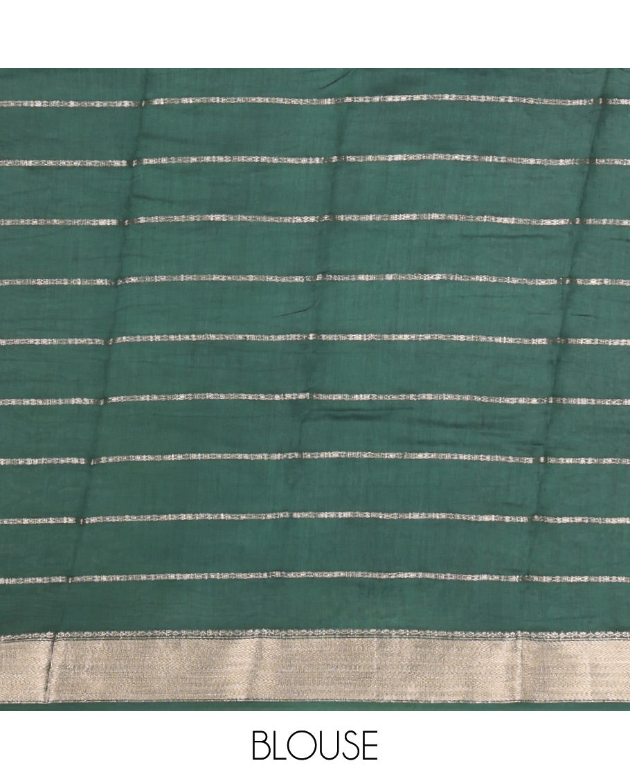 Red Assam Silk Saree, Adorned with Zari Stripes, Complemented by Contrast Zari Border, Zari Woven Pallu, and Contrast Blouse