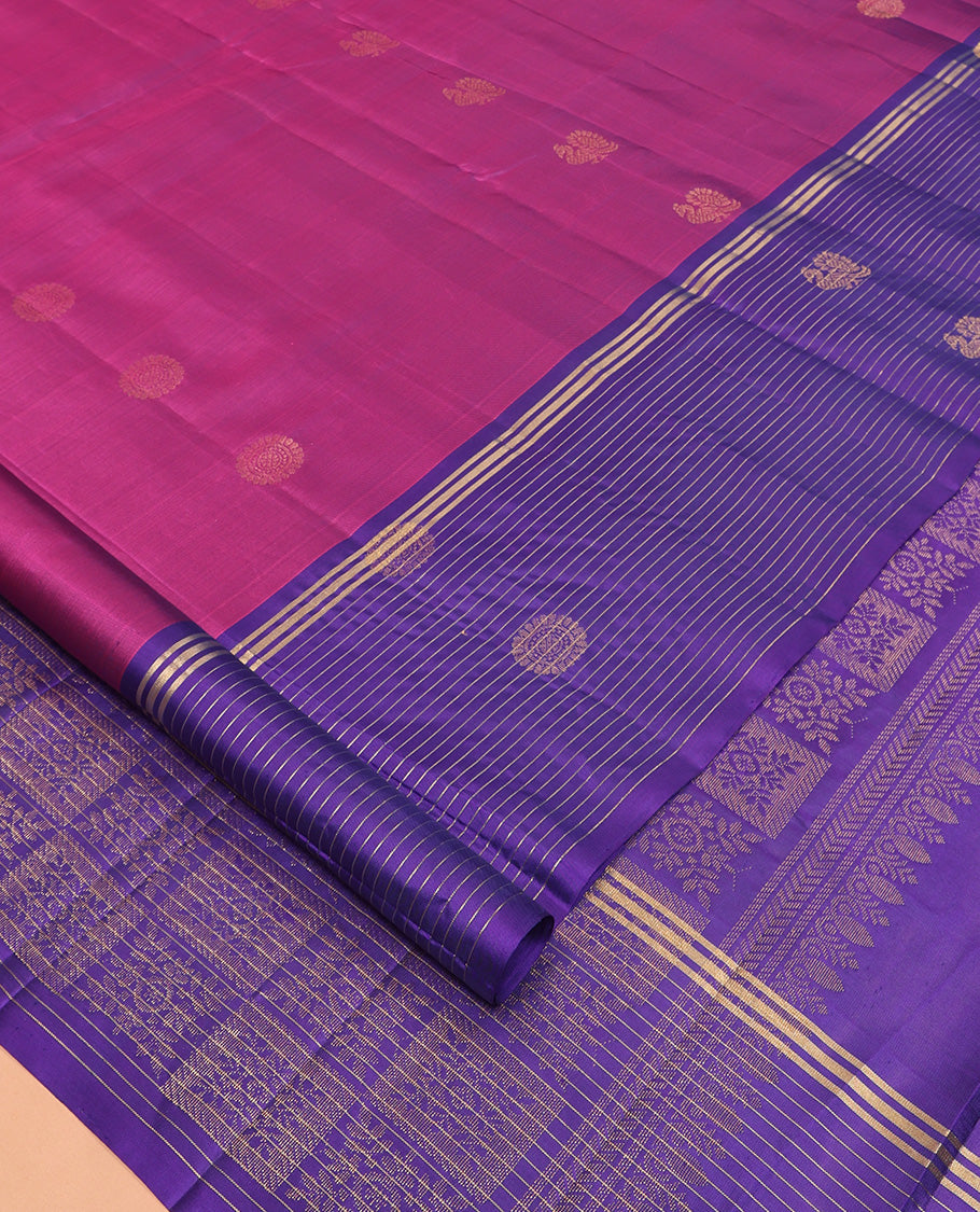 Pink Mayuri Lite Silk Mix Saree, Elevated with Mayil-Chakram Buttas, Complemented By Contrast Striped Border of Mayil-Chakram Design, an Intricate Pallu, and a Contrast Blouse