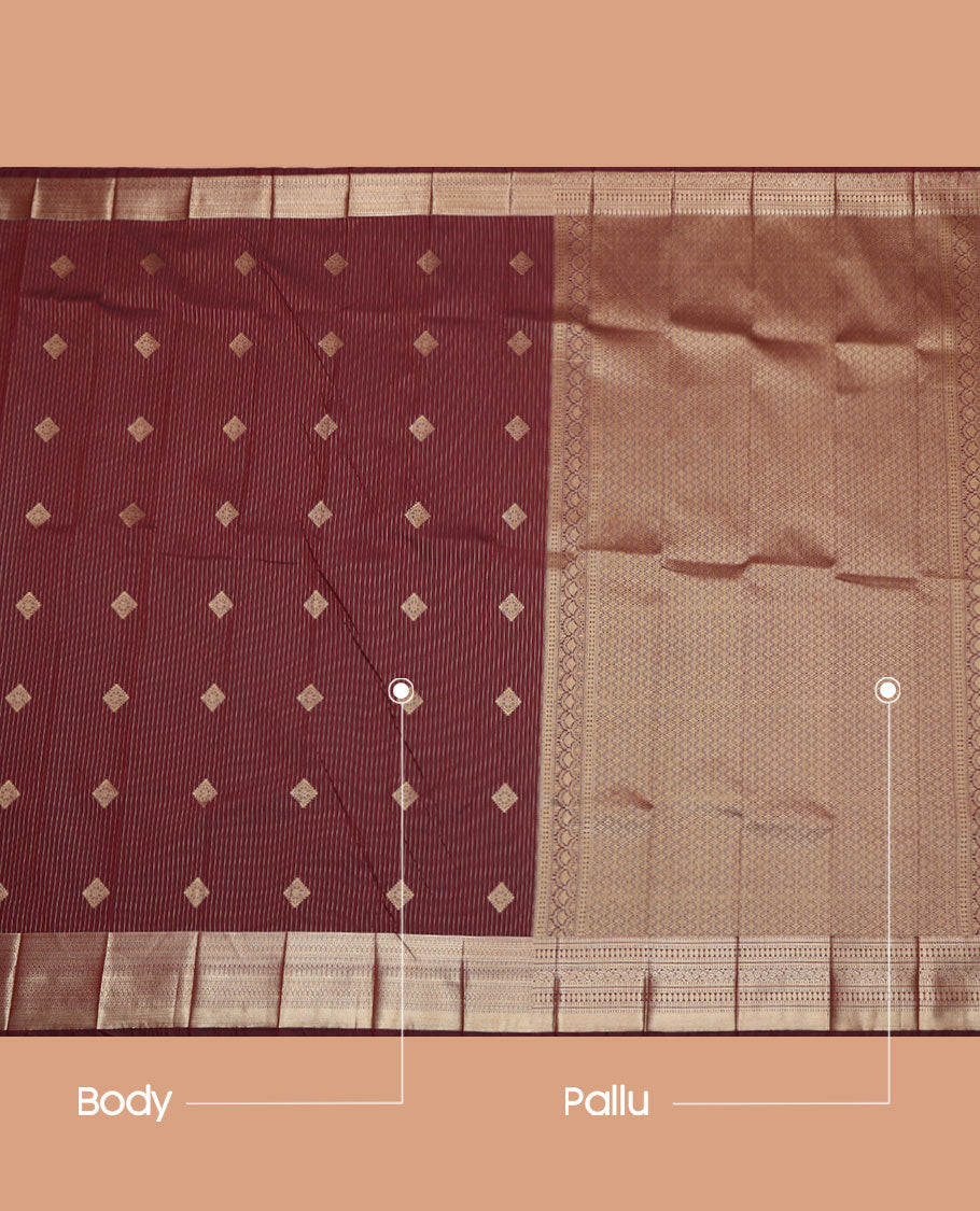 Maroon Budget Silk Saree, Gleamed Up with Diamond Buttas and Zari Stripes All Over Its Body, Highlighted by a Traditional Zari Design Border, Pallu of Jaal Design, and Paired with a Matching Blouse