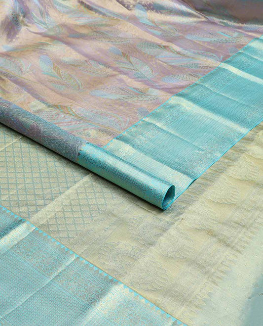 Purple leaf design kancheepuram tissue silk saree with contrast border of intricate zari design & argyle design pallu