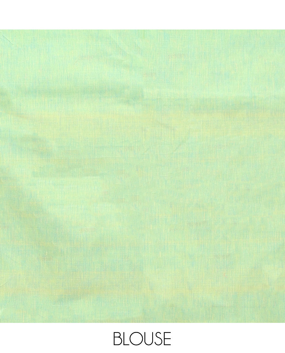 Green Chettinad Cotton Saree, Delicately Woven with Thread Buttas All Over Its Body, Complemented by a Contrast Ganga-Jamuna Kal Eragina Border of Kodi Peacock and Elephant Designs, Pallu of Buttas and Stripes, and Paired with a Matching Blouse
