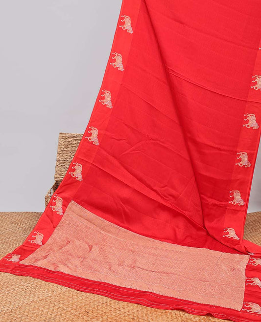 Red  striped mushru silk saree with animal motifs border & intricate jaal design pallu