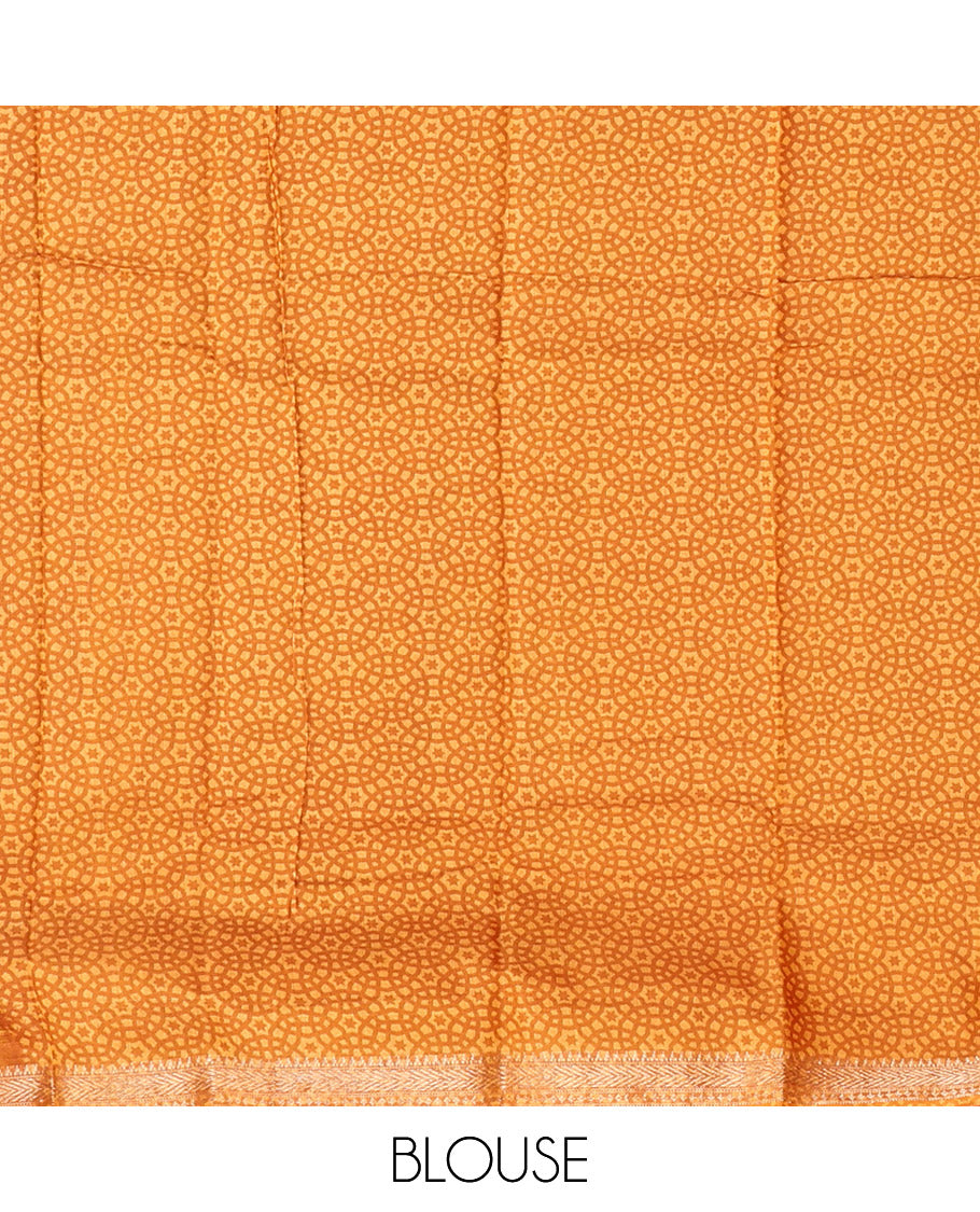 Orange Mul Mul Cotton Saree, Detailed with Leaf Print, a Subtle Traditional Border, a Floral-Printed Pallu, and a Matching Blouse