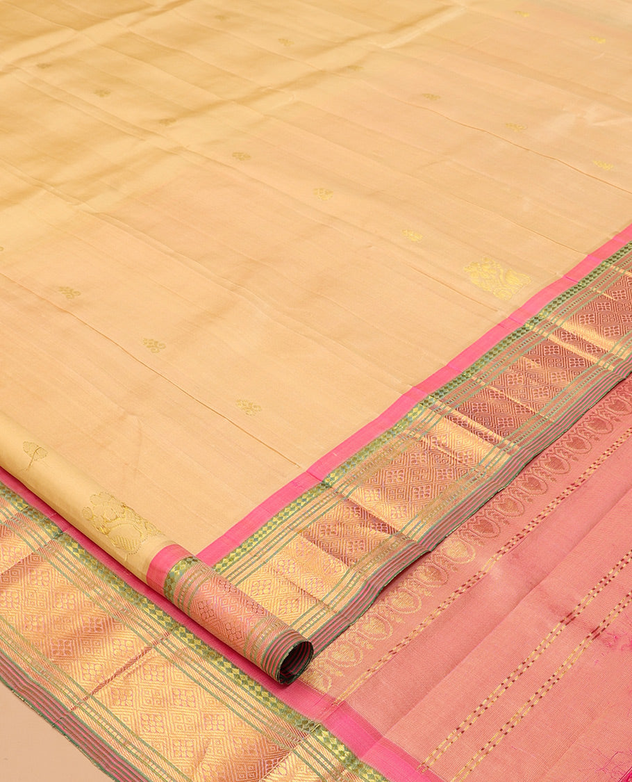 Sandal Kanchipuram Silk Saree, Subtly Woven with Zari Buttas, Complemented by a Contrast Border of Panner Sombu, Banaras, Muthu, and Jaal Design, Zari Design Pallu, and No Blouse