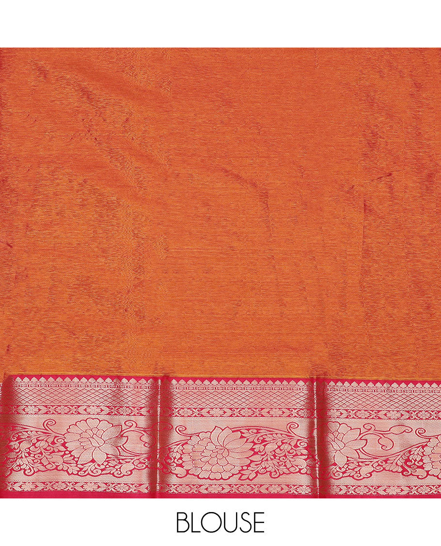 Sandal art silk pavadai material set, floral meenakari jacquard pavadai, contrast blouse & traditional zari border