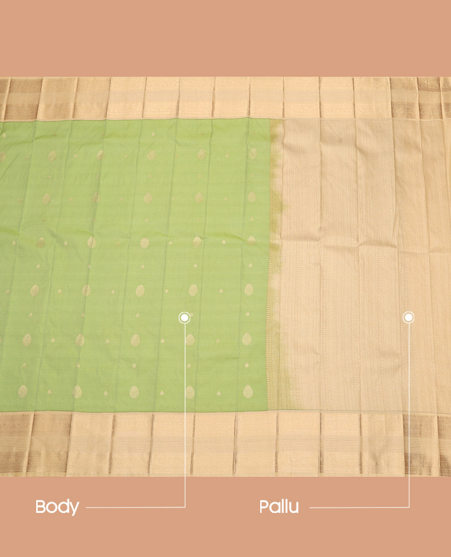 Green Budget Silk Saree, Crafted with Zari Buttas, Complemented by a Contrast Traditional Zari Border, Sparsely Woven Pallu, and a Contrast Blouse