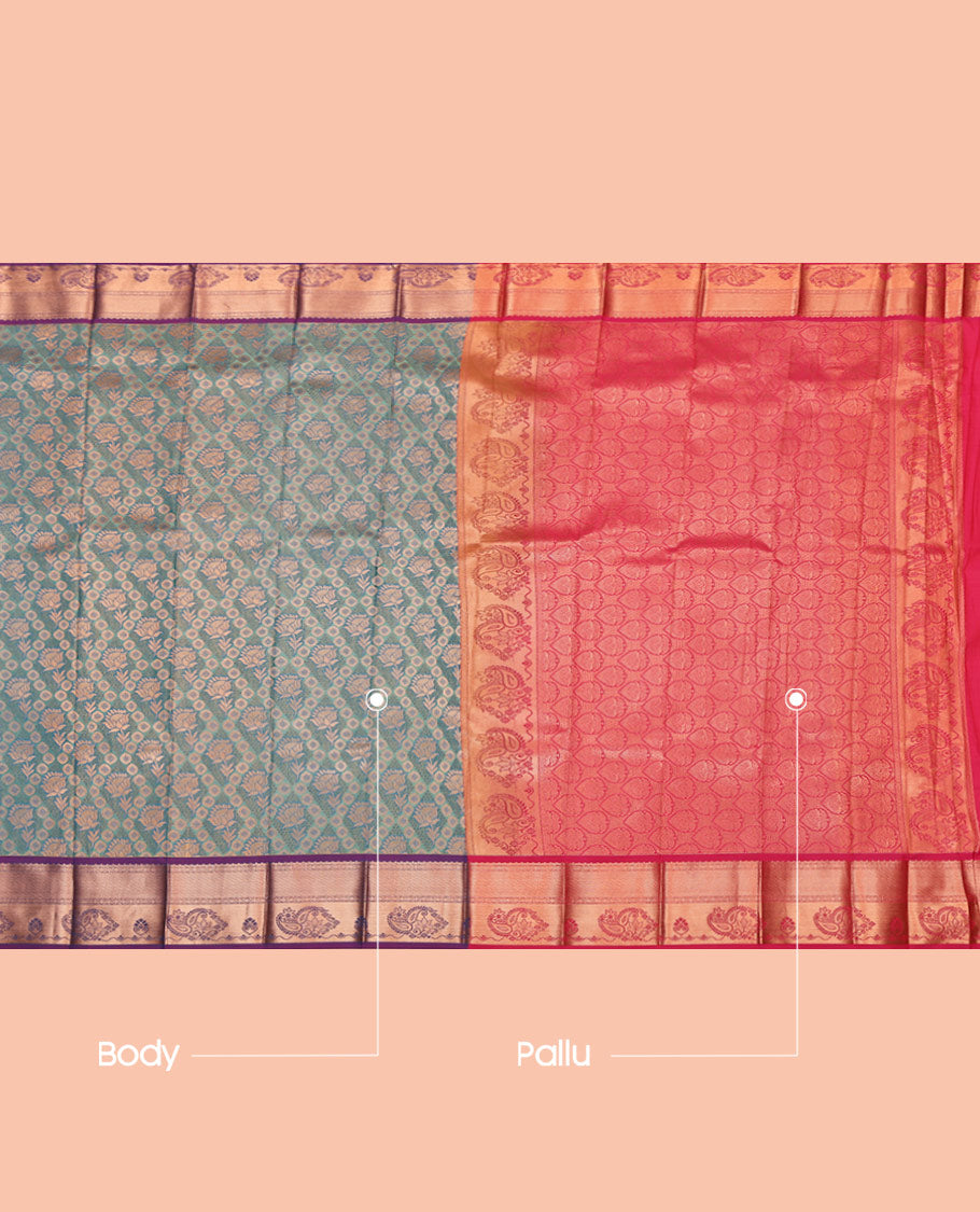 Blue Budget Silk Saree, Enriched with Jacquard, Complemented by a Contrast Traditional Zari Border, Grand Pallu, and a Contrast Blouse