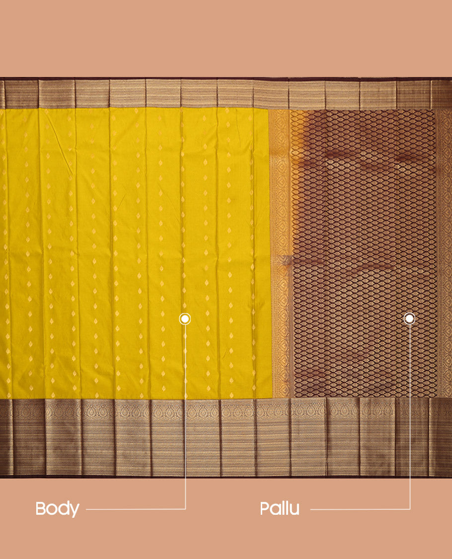 Mustard Budget Silk Saree, Sparsely Woven with Zari Buttas, Complemented by a Contrast Traditional Zari Border, Grand Pallu, and a Contrast Blouse