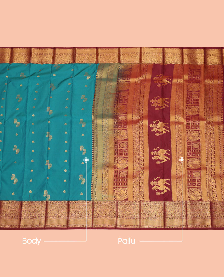 Blue Budget Silk Saree, Adorned with Zari Buttas, Complemented by a Contrast Traditional Border, Navagunjara Pallu, and a Contrast Blouse