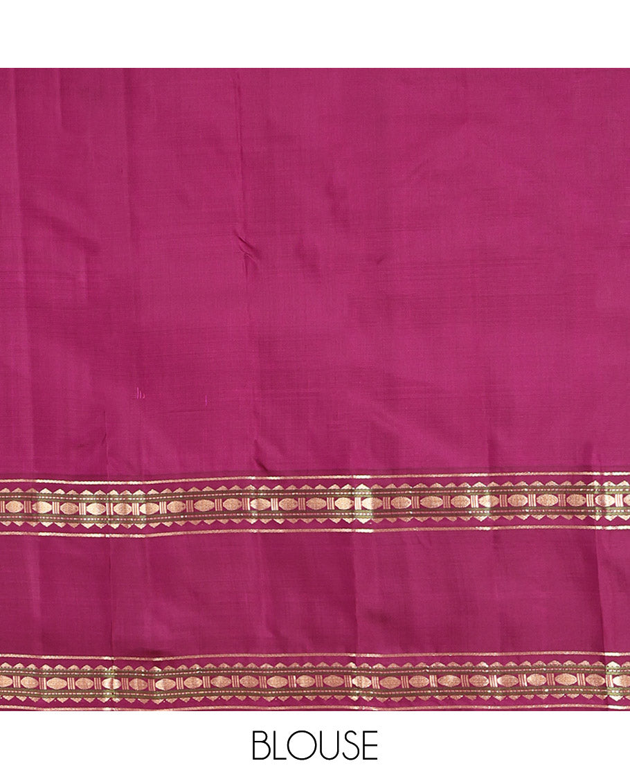Pink Plain Kanchipuram Silk Saree, Complemented by a Contrast Rettai Pettu Border of Rekku, Muthu, and Poun Designs, Seppu Rekku Pallu, and a Contrast Blouse