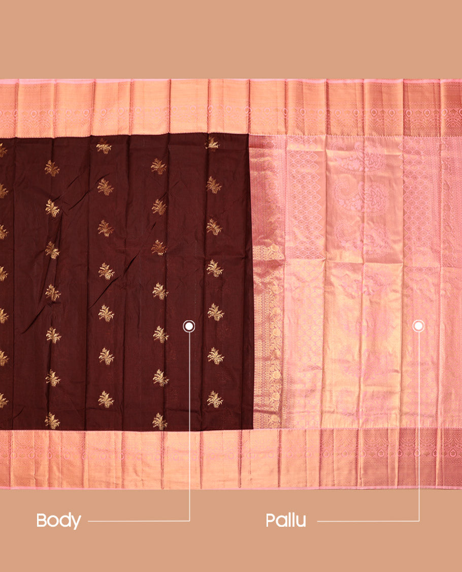 Brown Budget Silk Saree, Ornamented with Zari Buttas, Complemented by a Contrast Traditional Zari Border, Grand Pallu, and a Contrast Blouse