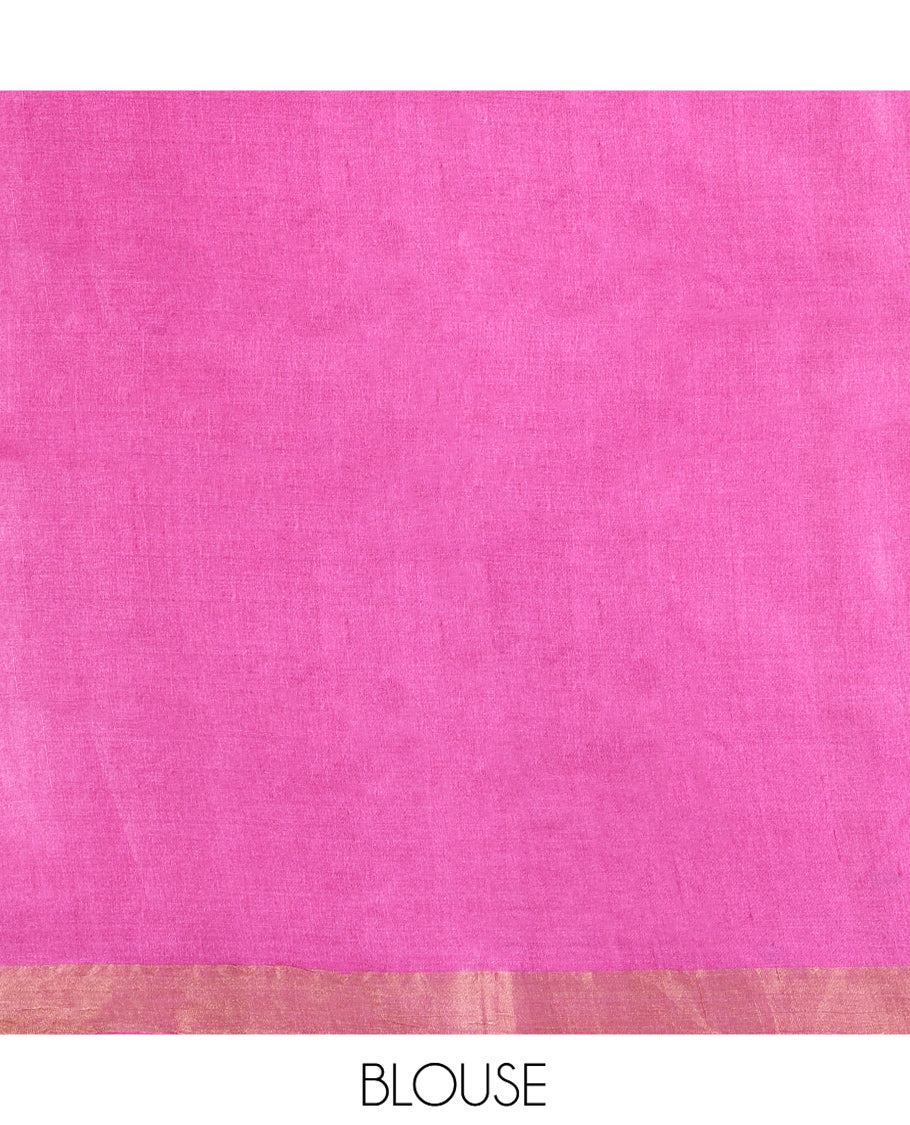 Rani Pink Tussar Silk Saree, Spotlighted with Buttas on Its Body, Piping Border, Pallu Features Zari Checks, and Paired with a Matching Blouse