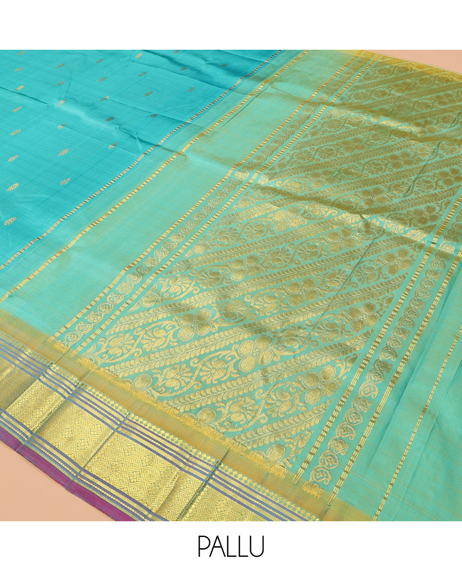 Blue Kanchipuram Silk Saree, Woven with Zari Buttas, a Contrast One-Sided Border of Panner Sombu, Banaras, Muthu, and Jaal Designs, Kodi Visiry Pallu, and a No Blouse