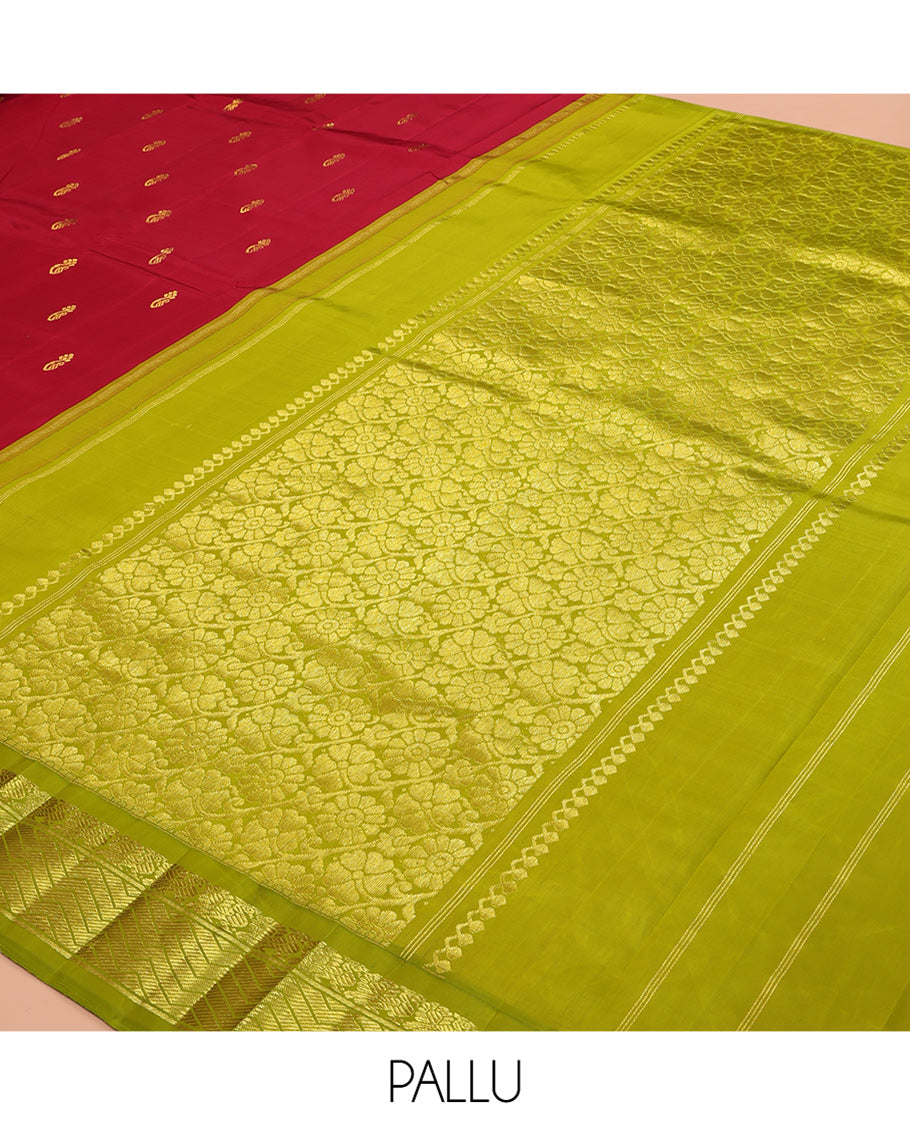 Light Maroon Kanchipuram Silk Saree, Detailed with Zari Buttas, a Contrast Korvai One-sided Border of Mayil, and Strip Designs, Pallu of Floral Designs, and No Blouse