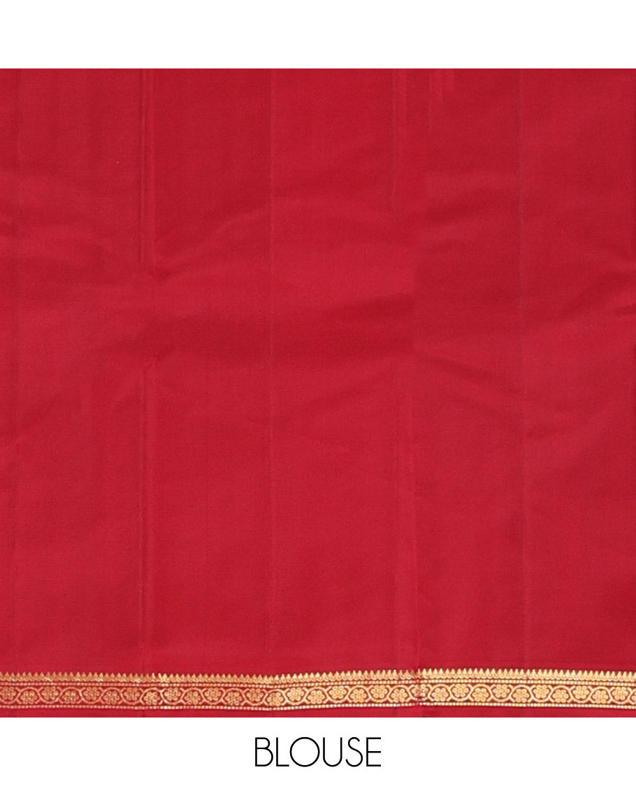 Yellow Kanchipuram Silk Saree Embellished with Kasa Kasa Checks, Adorned with Zari Border Featuring Thilakam Mokku, Muthu, and Kodi Visiry Designs, Sparsely Woven Pallu of Corner Manga Designs, and Paired with a Contrast Blouse