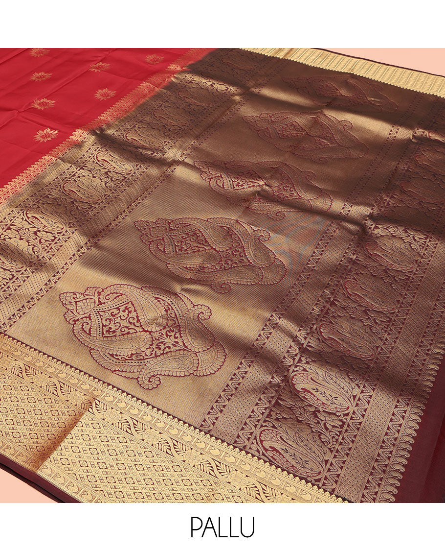 Red Vasundhara Lite Silk Mix Saree, Beautified with Zari Buttas on Its Body, Complemented by a Contrast Border of Manga, Kodi Visiry, and Jaal Designs, Mughal-Style Intricately Designed Pallu, and Paired with a Contrast Blouse