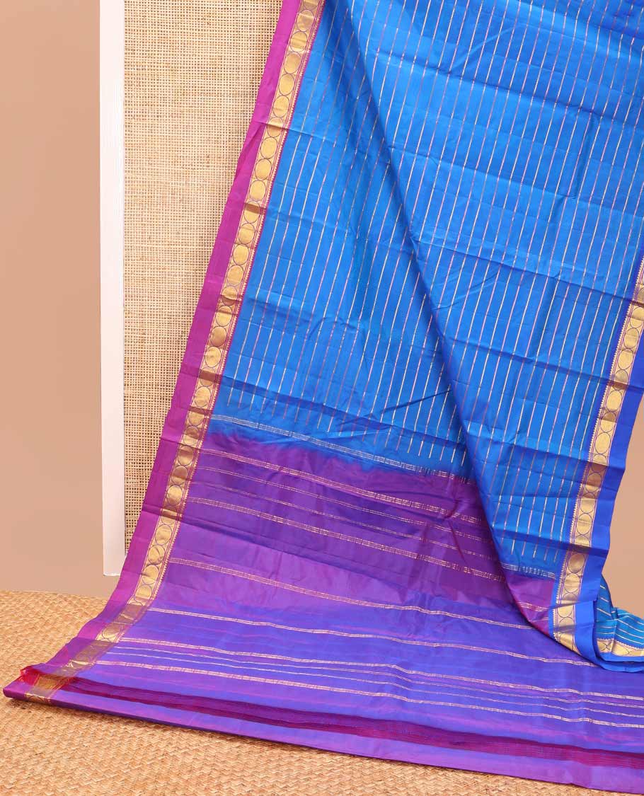 Blue striped kancheepuram silk saree with contrast intricate zari design border & striped pallu