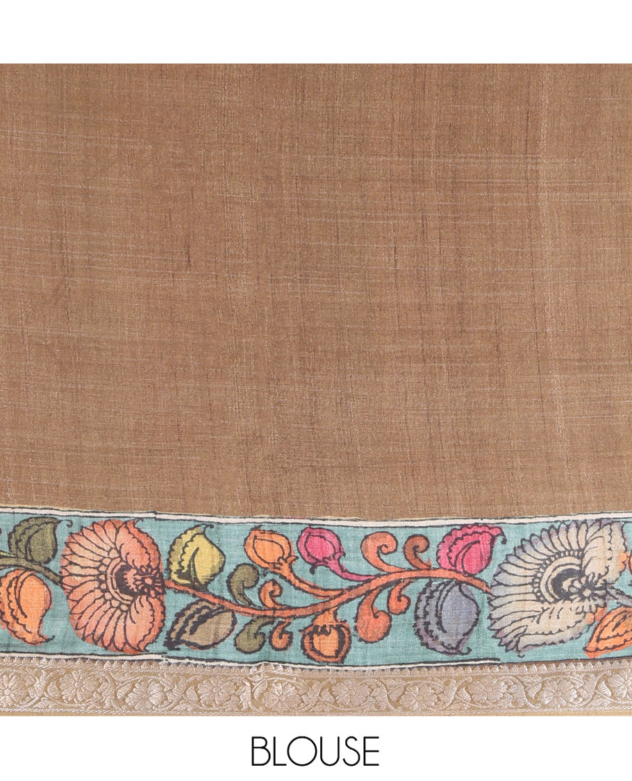 Sandal Kalamkari Printed Fancy Tussar Saree