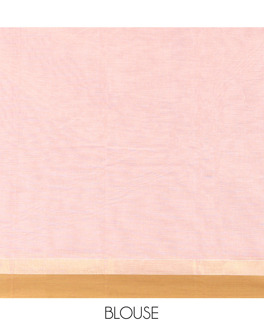 Sandal Kanchi Cotton Saree, Woven with Buttas on Its Body, Complemented by Contrast Border, Pallu of Paisleys, and a Matching Blouse
