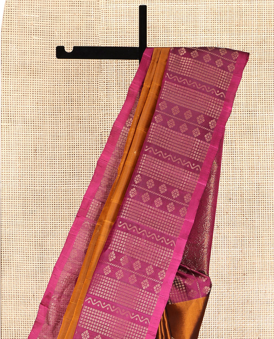 Orange Mayuri Lite Silk Mix Saree, Subtly Sparkled with Zari Buttas, Contrast Floral-Geometric Border, Pallu of Intricate Designs, and a Contrast Blouse