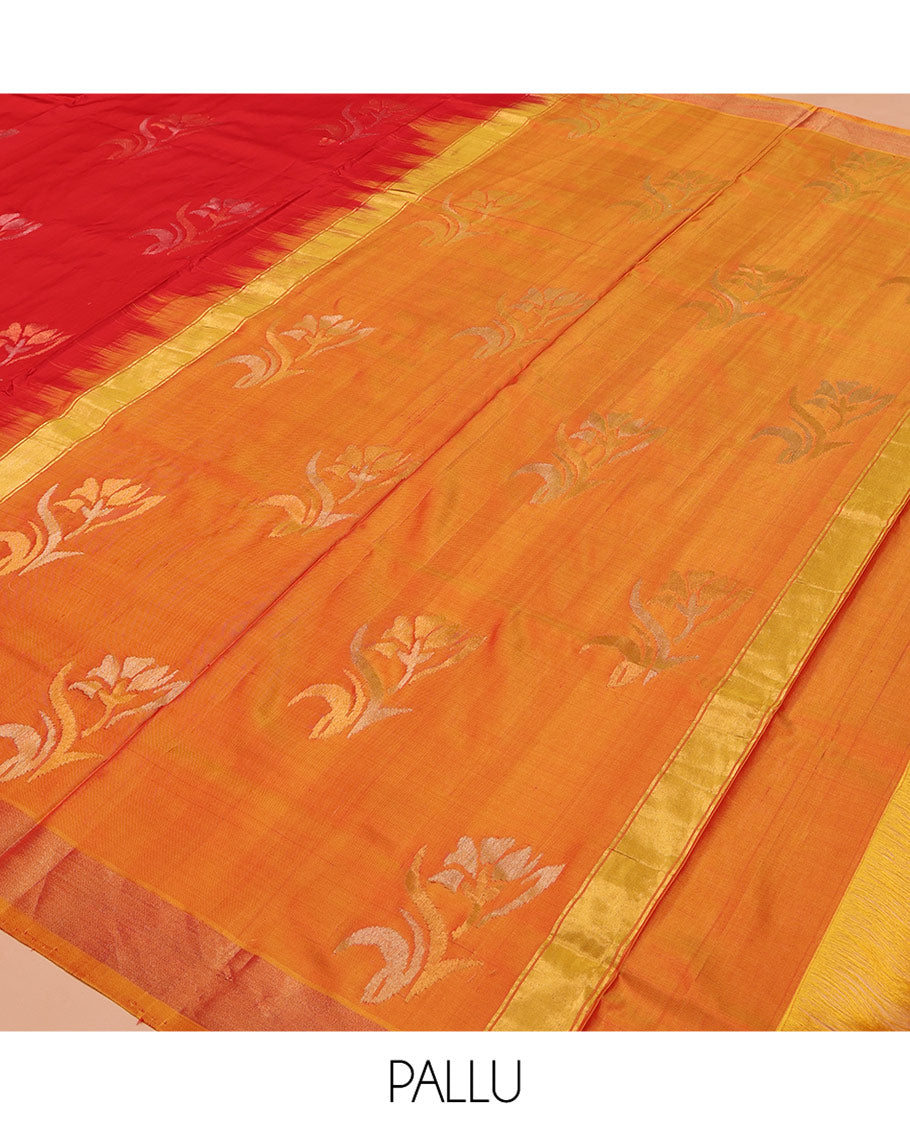 Red Uppada Silk Saree, Elevated with Floral Buttas on Its Body, Complemented by a Contrast Plain Border, Pallu of Floral Designs, and Paired with a Contrast Blouse